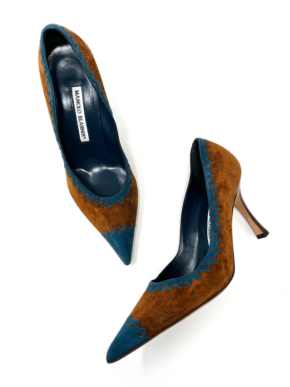 Vintage Manolo Blahnik Y2K Brown Blue Suede Pointed Toe High Heels Pumps 36.5